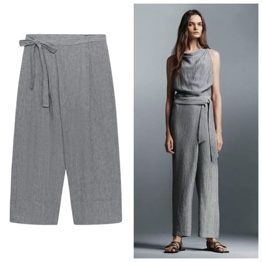 ZARA Silver Gray Textured Wrap Tie-Front Pants Trousers Pants Size XL 8278/218